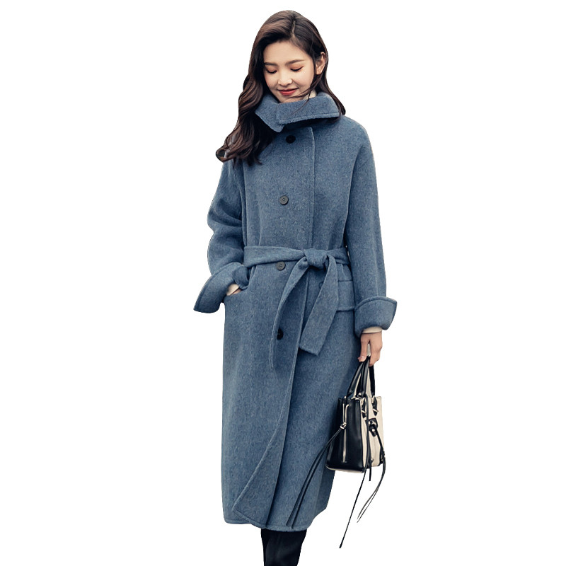 冬季韩版新款长款加厚雾霾蓝毛呢大衣女系带宽松过膝羊绒呢子外套