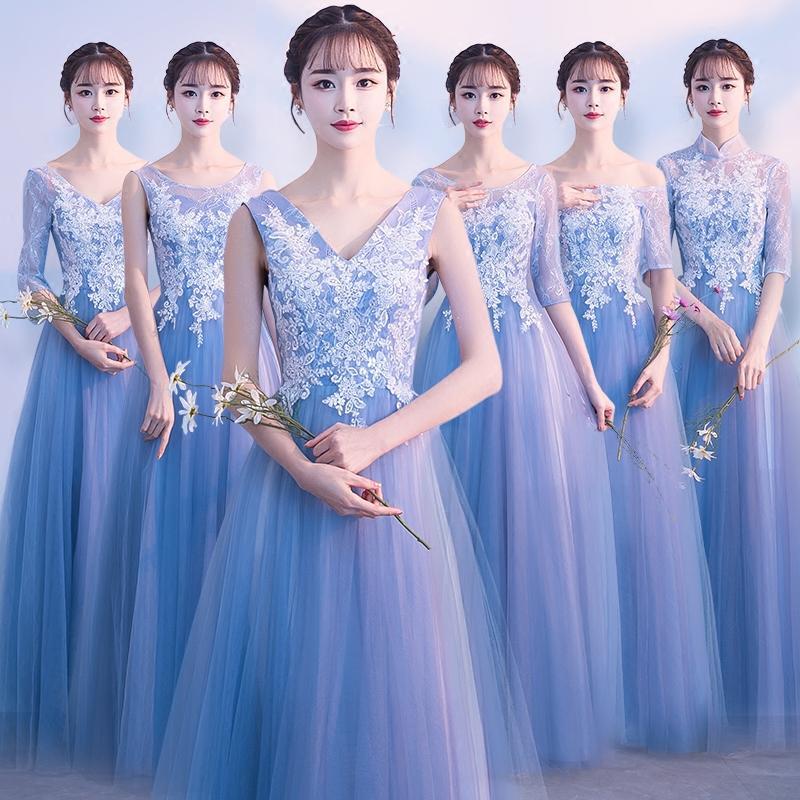 qmnz新款伴娘服蓝色2017新款冬季长款修身姐妹团伴娘礼服显瘦婚礼女晚