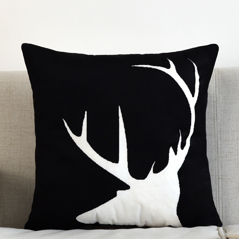 北欧风格抱枕含芯黑色绒面靠枕现代简约黑白双面图案客厅沙发靠垫