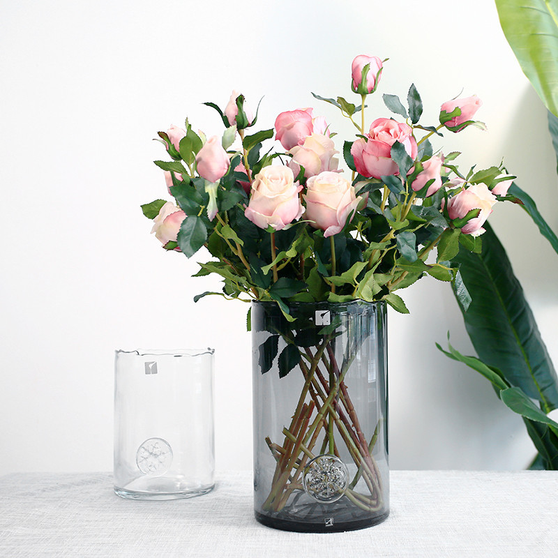 北欧简约浮雕圆柱形玻璃花瓶客厅装饰插花摆件鲜花花瓶