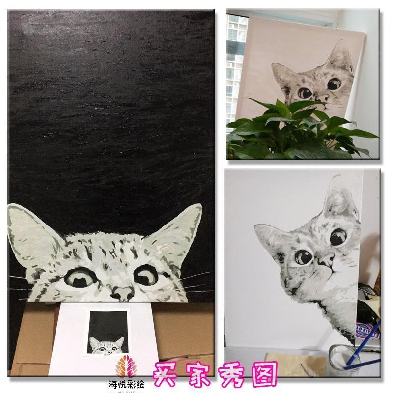 小猫diy数字油画油彩画小动物宠物可咪创意装饰画躲猫猫礼物