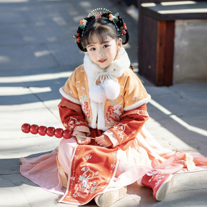 智扣年货汉服女童冬装小女孩中国风儿童唐装古风过年装拜年服古装