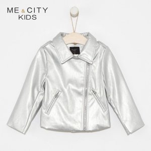 米喜迪mecity童装春新款女童时尚银色机车皮夹克潮酷外套