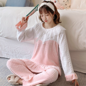 波迷娜(BOMINA)公主风睡衣女季加厚珊瑚绒学生韩版甜美可爱法兰绒服套装