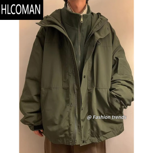 HLCOMAN防风男套内胆加厚棉衣军绿色摇粒绒外套工装夹克