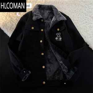HLCOMAN日系古着感纯黑色牛仔棉服男款加绒加厚工装棉衣冬季外套