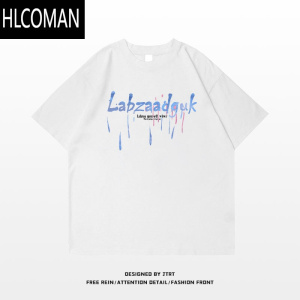 HLCOMAN2024街头设计感百搭白色上衣夏季潮牌彩色字母印花短袖T恤男