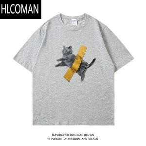 HLCOMAN小众设计感胶带猫咪印花短袖T恤男夏季宽松休闲半袖上衣打底衫