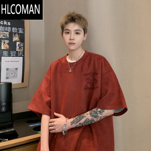 HLCOMAN320gt恤hiphop美式复古正肩白色绒短袖男款ootd穿搭7分袖