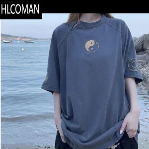 HLCOMAN男士夏季新款高品质宽松版太极印花刺绣小众设计潮流圆领T恤