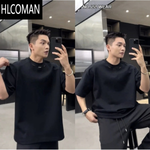 HLCOMAN300g黑色正肩T恤男夏季潮牌设计感cleanfit短袖小领口五分袖