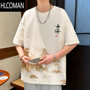 HLCOMAN新中式短袖t恤男夏季新款国潮印花半袖衣服青少年冰丝宽松体恤男