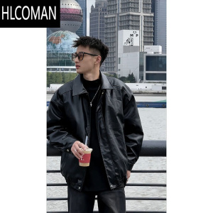 HLCOMAN黑色cleanfit皮衣外套男款高级感痞帅美式复古潮牌机车皮夹克