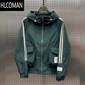 HLCOMAN新款拼接条纹连帽夹克男士韩版修身工装大兜外套休闲上衣服