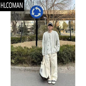 HLCOMAN灰色慵懒风开衫毛衣男秋季韩系简约高级感圆领宽松百搭外套针织衫