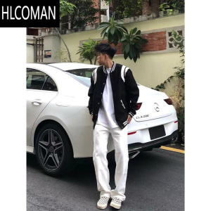 HLCOMAN黑白撞色棒球服外套男新款美式潮牌高级感宽松毛呢飞行员夹克