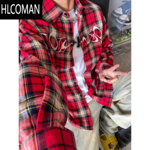 HLCOMAN美式复古高街刺绣红色格子长袖衬衫男vintage衬衣西海岸情侣外套