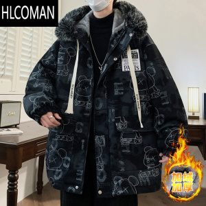 HLCOMAN牛仔棉衣男冬季加绒加厚工装外套青少年派克棉服初中高中学生棉袄