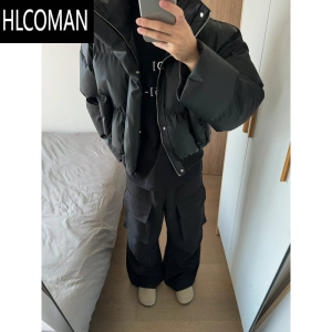 HLCOMANpu皮棉服男冬季美式高街潮牌痞帅棉袄短款立领宽松面包服棉衣外套