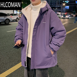 HLCOMAN双面穿羔绒棉衣男冬季青少年加绒加厚羔毛外套高级感美式棉服