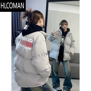 HLCOMAN网红同款冬季美式休闲小众旗帜印花棉衣棉服男女加厚外套面包服潮