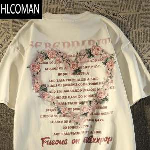 HLCOMAN美式复古玫瑰印花短袖t恤男夏季宽松欧美潮牌情侣ins潮流上衣