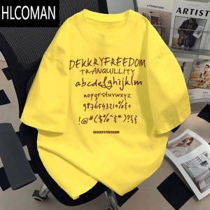 HLCOMAN美式复古短袖T恤男女款夏季休闲黄色新款ins潮流百搭半袖上衣