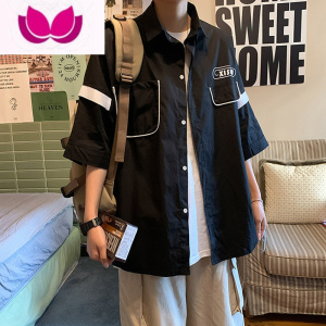 七斓港风短袖衬衫男夏季潮牌学生痞帅气白色五分半袖上衣工装衬衣服寸