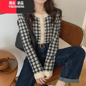YIBUSHENG韩系洋气短款高腰显瘦小开衫毛衣女早内搭时尚格子针织衫外套