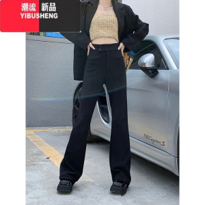 YIBUSHENG黑色弹力休闲裤女季韩版2023新款高腰显瘦两粒扣设计感直筒长裤