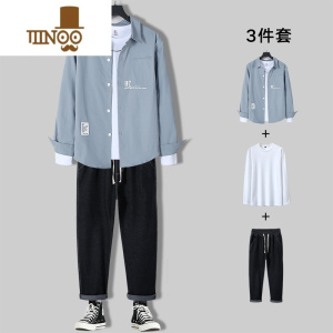 YANXU男士衬衫休闲套装秋季时尚帅气搭配一套款青少年三件套上衣服
