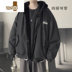 YANXU双面穿羔毛棉服男冬季情侣棉衣加绒加厚潮牌bf宽松帅气棉袄外套