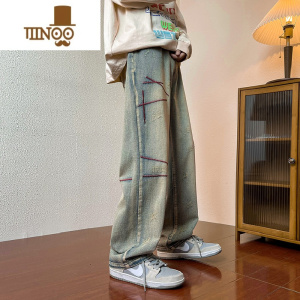 YANXU特大码300斤牛仔裤男女夏季美式复古做旧高街潮牌宽松直筒长裤子2