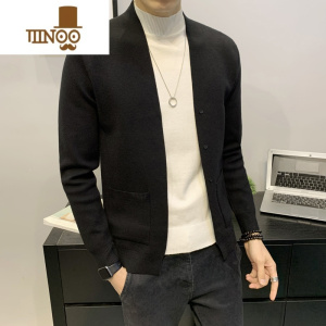 YANXU男士潮牌纯色开衫毛衣新款青年韩版修身百搭黑色显瘦针织外套