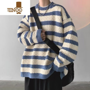 YANXU毛衣慵懒感男新款小众设计感条纹针织衫宽松休闲加厚外套