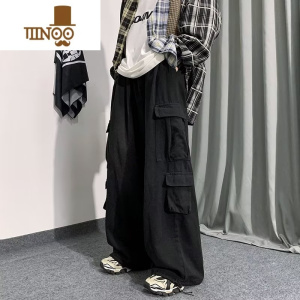 YANXU日系oversize裤子美式高街工装纯黑色牛仔裤男直筒宽松阔腿灯笼裤