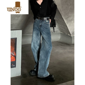 YANXU/时髦做旧复古水洗牛仔裤男直筒宽松高腰小众设计感裤子潮