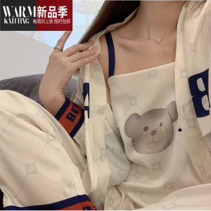 SHANCHAO夏季冰丝三件套睡衣女长袖2022年新款可爱小熊吊带家居服套装