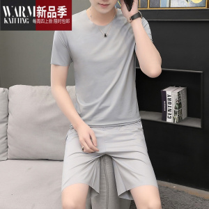 SHANCHAO男士夏季短袖T恤短裤睡衣睡裤套装冰丝宽松莫代尔青年家居服