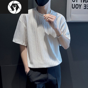HongZun2023夏季新款个性条纹冰丝短袖T恤韩版痞帅潮男薄款百搭男装上衣