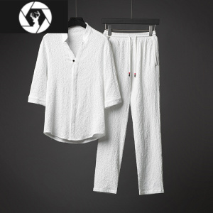 HongZun中国风超薄五分袖冰丝亚麻套装男短袖夏季宽松中袖T恤棉麻两件套