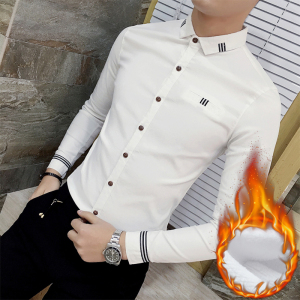 SUNTEK秋冬款男士长袖衬衫韩版修身加绒尖领白色衬衣发型师保暖潮男寸衫衬衫