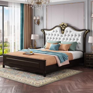 锐取 床 美式轻奢实木床双人床1.8米主卧室现代简约欧式软靠皮床公主床高档豪华婚床