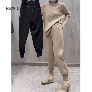 NEW LAKE梨型身材微胖大码女装卫裤2023年季新款加绒加厚弯刀休闲裤子