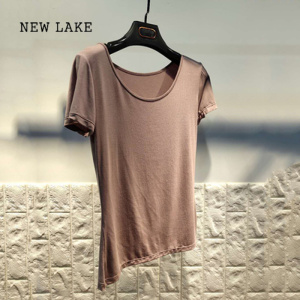 NEW LAKE纯色圆领T恤女夏短袖莫代尔上衣体恤大码宽松百搭修身黑白打底衫