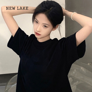 NEW LAKE黑色纯棉短袖t恤女2024新款夏季小众设计感字母印花体恤上衣ins潮