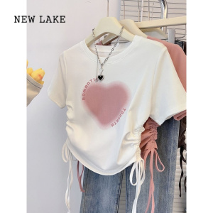NEW LAKE白色爱心短袖t恤女2024年夏季新款修身收腰抽绳T恤正肩短款上衣