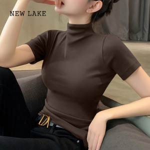NEW LAKE黑色短袖t恤女莫代尔半高领打底衫内搭春夏季气质薄款半袖上衣潮