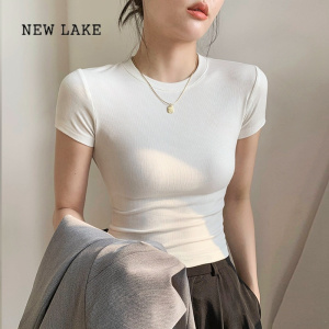 NEW LAKE螺纹修身正肩短袖t恤女早春夏季2024新款紧身内搭上衣白色打底衫