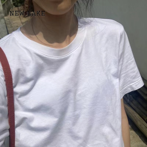 NEW LAKE2024年夏季新款纯色棉质短袖T恤衫女经典纯白色百搭简约打底上衣